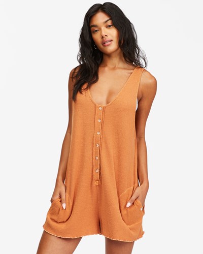 Billabong Fade Away Button-Up Knit Romper Toffee | DTERJ9853