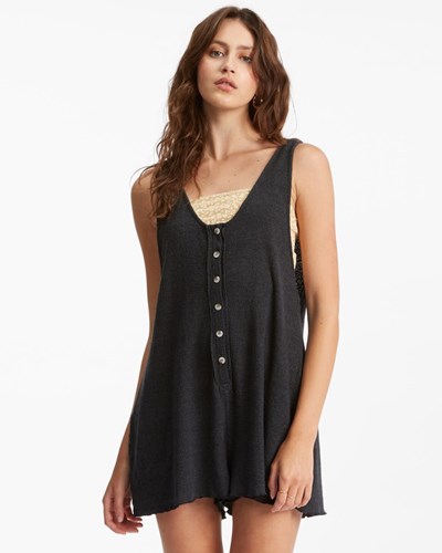 Billabong Fade Away Button-Up Knit Romper Off Black | PUQFM5678