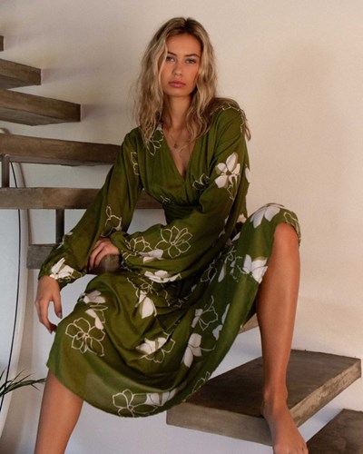 Billabong Night Bloom Long Sleeve Maxi Dress Fern | WSJZM9085