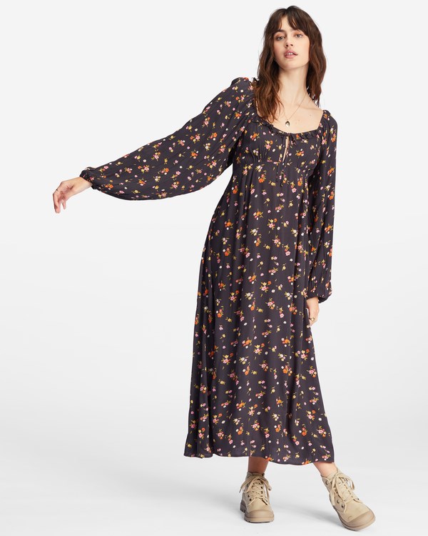 Billabong Better Days Long Sleeve Midi Dress Off Black | HJXAU6931