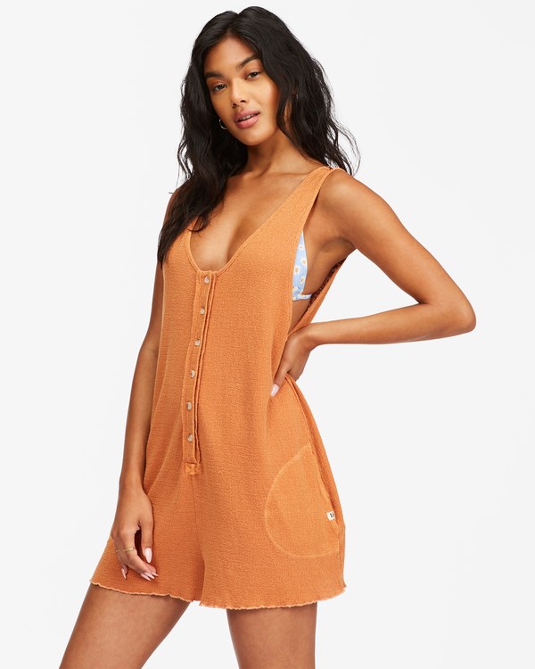 Billabong Fade Away Button-Up Knit Romper Toffee | KVDRT4216