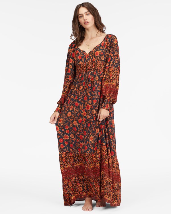 Billabong Mystic Dreamer Long Sleeve Maxi Dress Black Multi | SOARB8214