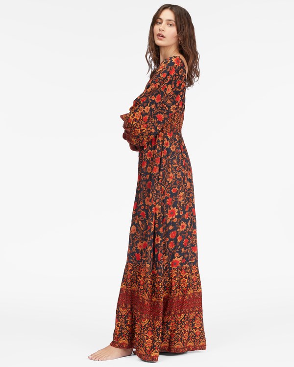 Billabong Mystic Dreamer Long Sleeve Maxi Dress Black Multi | SOARB8214