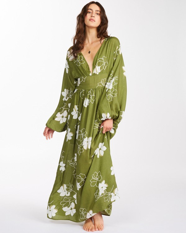 Billabong Night Bloom Long Sleeve Maxi Dress Fern | WSJZM9085