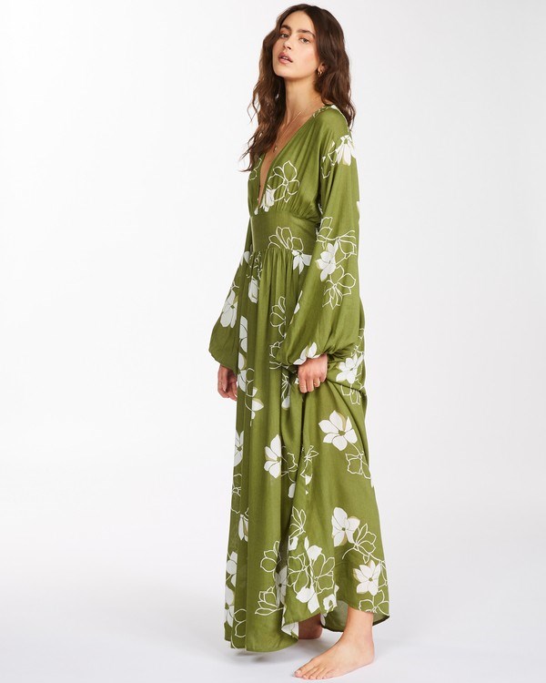 Billabong Night Bloom Long Sleeve Maxi Dress Fern | WSJZM9085