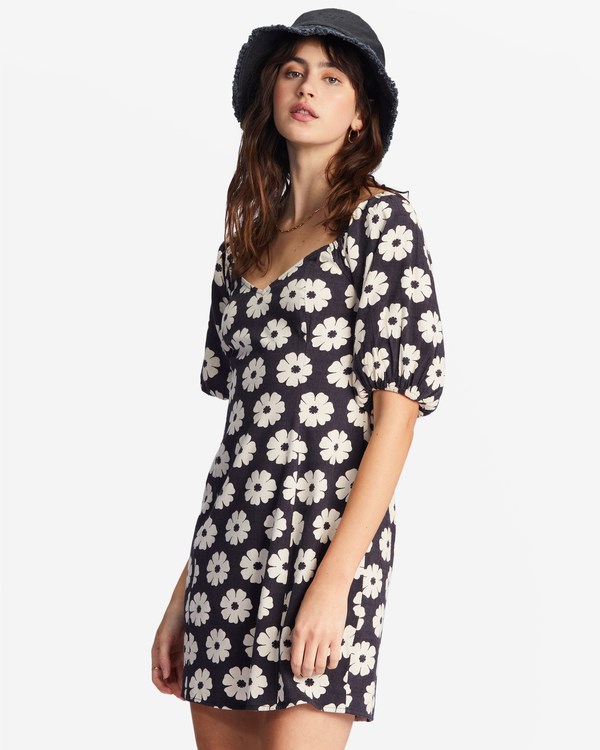 Billabong Paradise Puff-Sleeve Floral Mini Dress Off Black | EDFWS9801