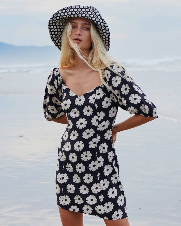 Billabong Paradise Puff-Sleeve Floral Mini Dress Off Black | EDFWS9801