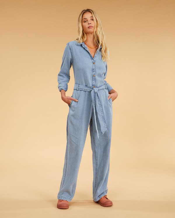 Billabong Salty Blonde Sunday Uniform Long Sleeve Jumpsuit Salty Blue | VREOW2039