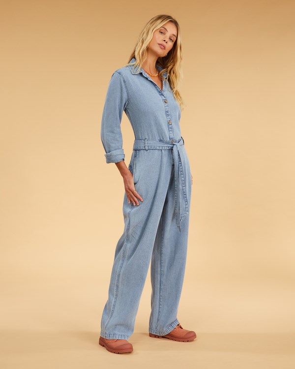 Billabong Salty Blonde Sunday Uniform Long Sleeve Jumpsuit Salty Blue | VREOW2039