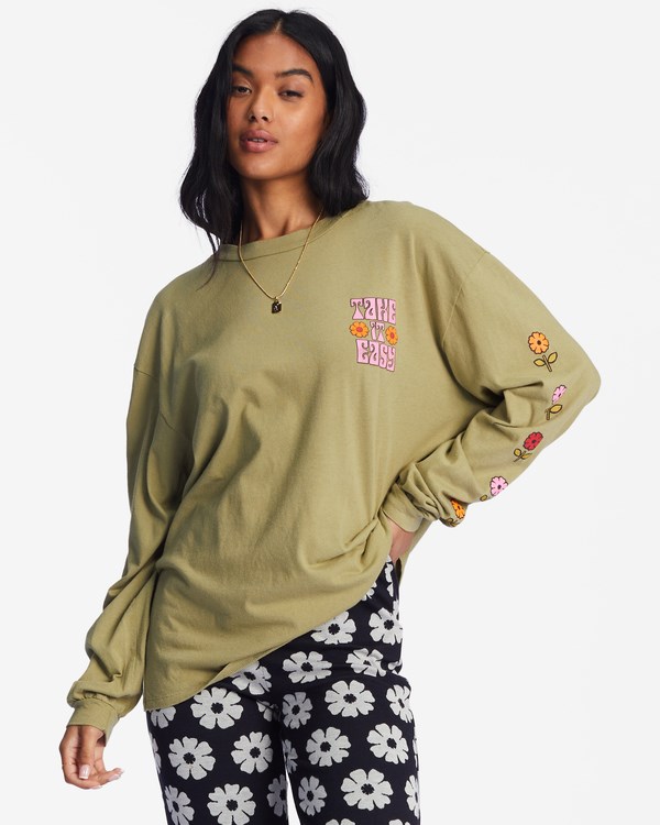 Billabong Take It Easy Long Sleeve Graphic Boyfriend T-Shirt Army | PMLOC2691